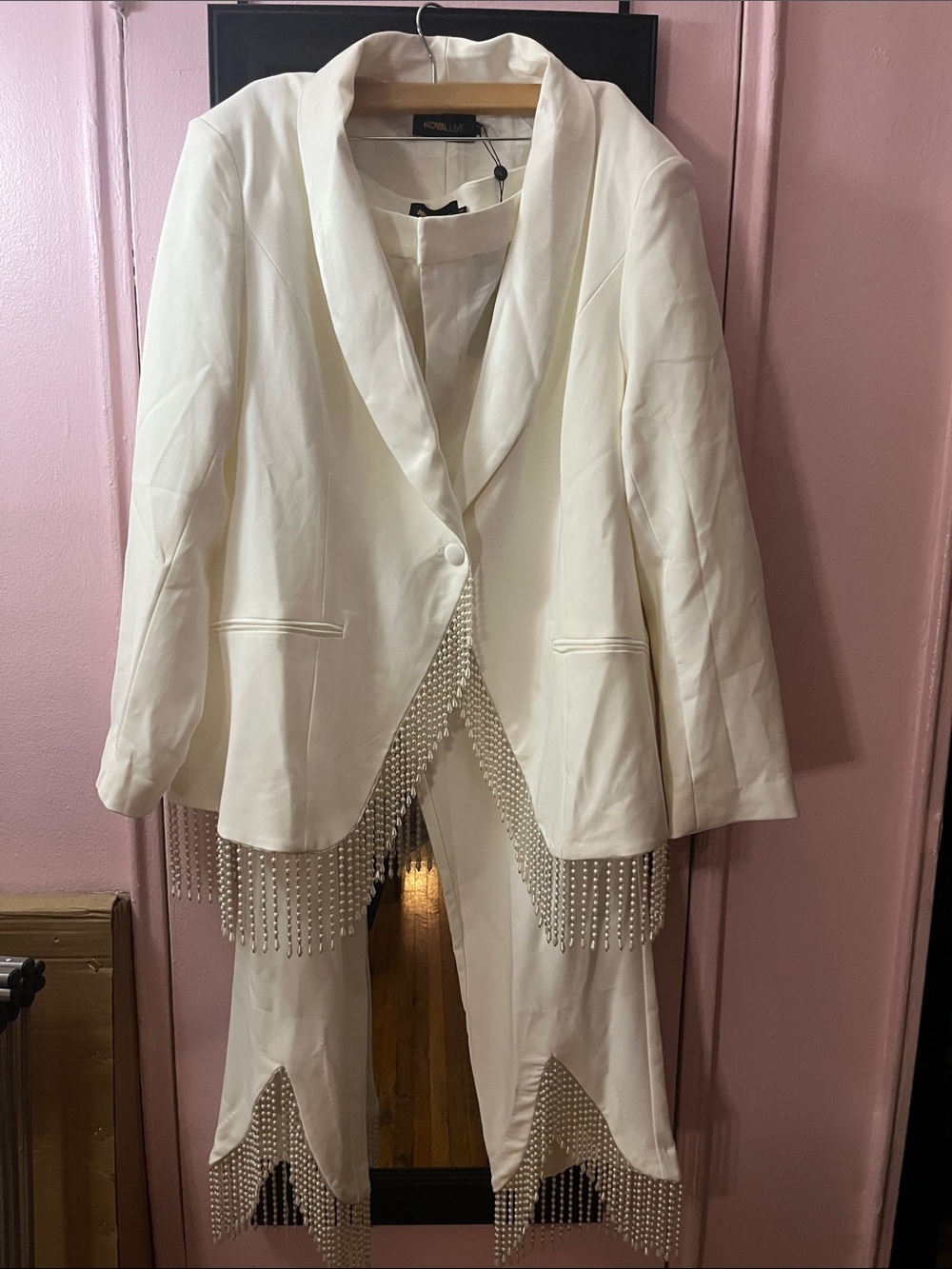 Fashion Nova White Ivory Pearl-Fringe Blazer Jumpsuit Set